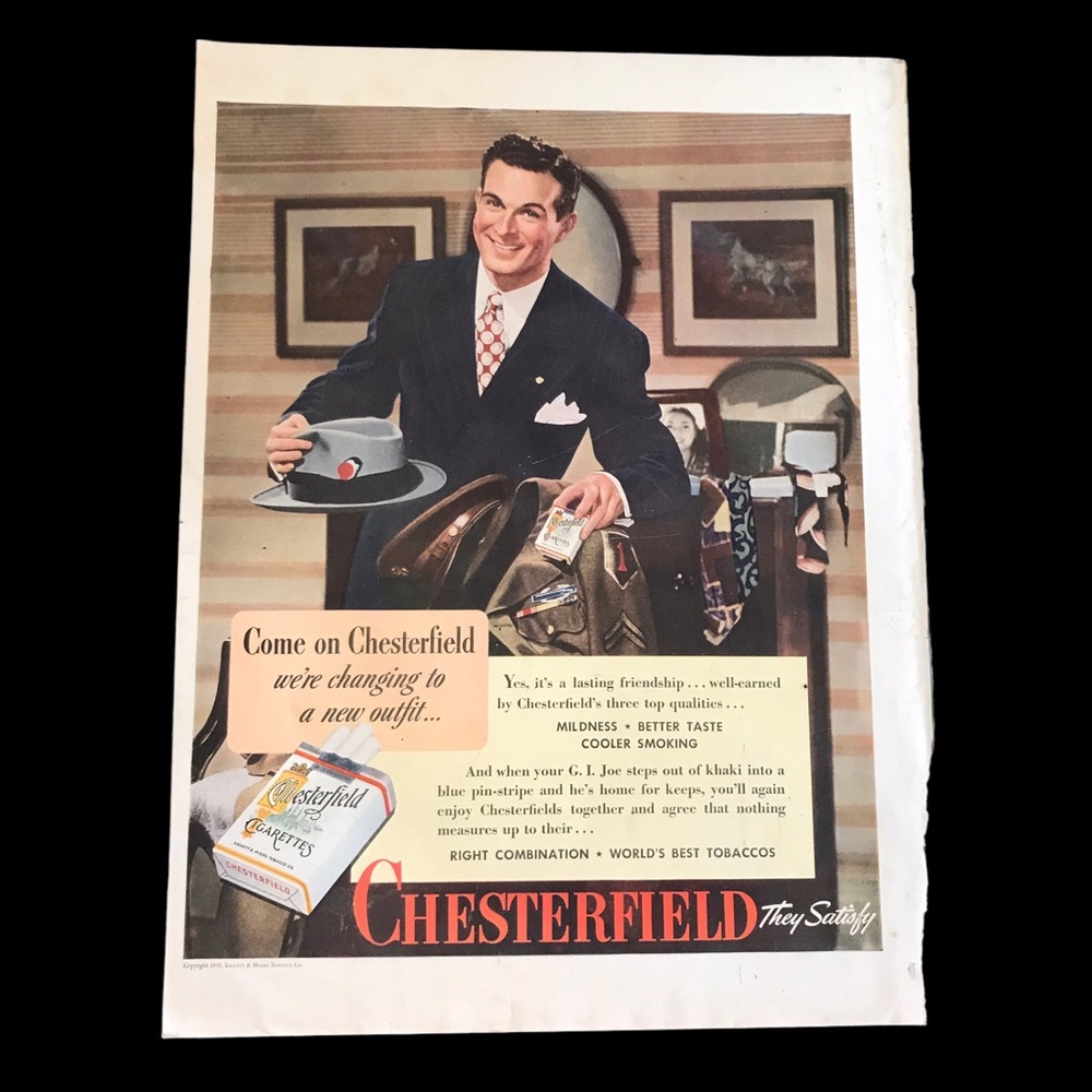 1940’s Vintage Chesterfield Cigerette Print Ad #2